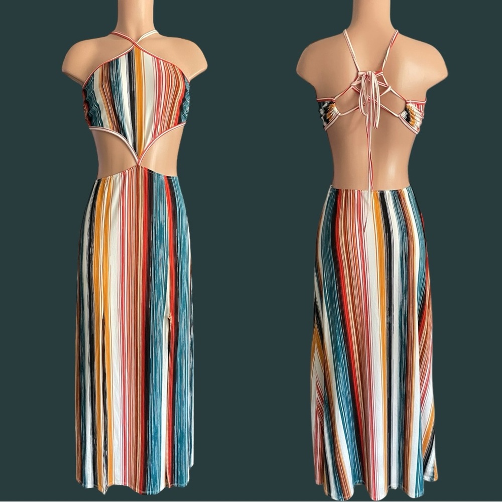 Fashion Nova Blue Orange Cut Out Halter Sundress